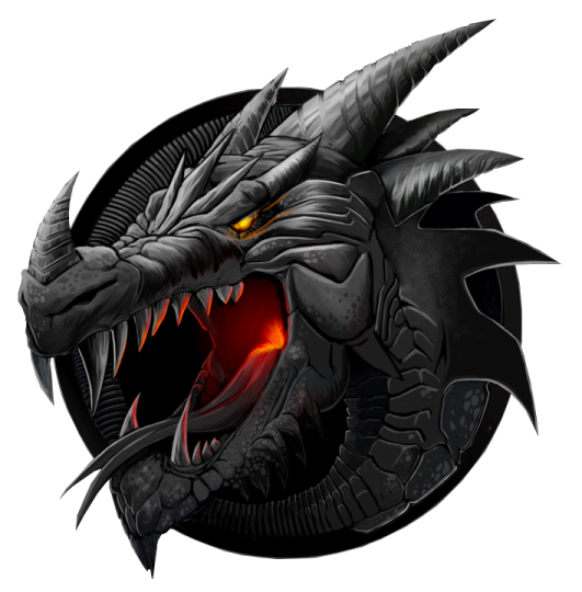 a black dragon with red eyes and fangs
