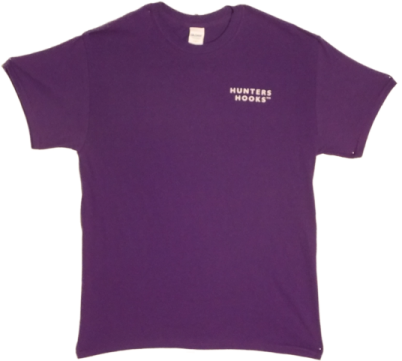 a purple t - shirt with white writing on the front