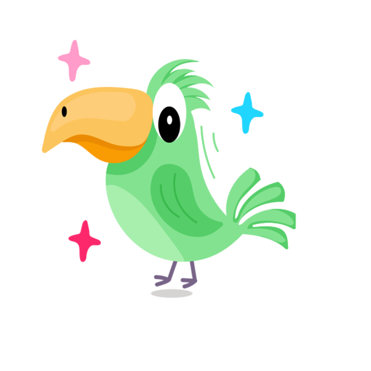a green bird with a pink star in its beak