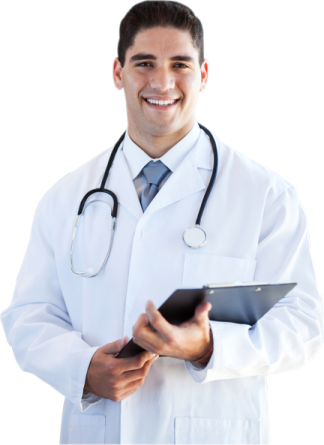 a man in a white lab coat holding a tablet