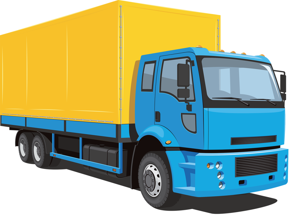 a blue and yellow truck on a white background