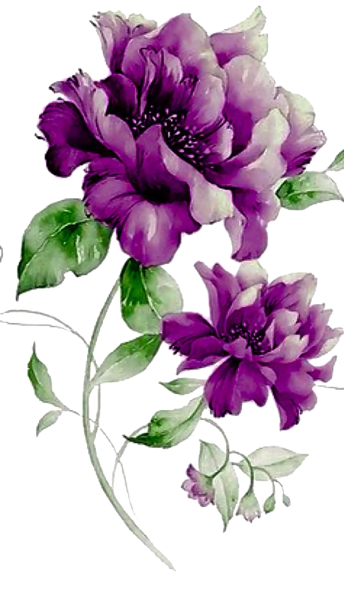 a painting of purple flowers with green leaves