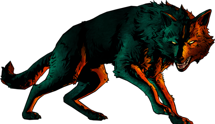 a drawing of a wolf with green eyes