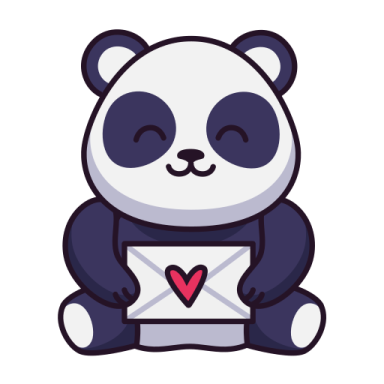 a panda bear holding an envelope with a heart