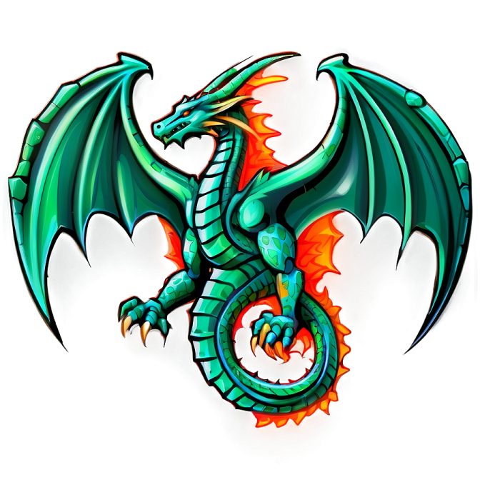 a green dragon with orange flames on its wings