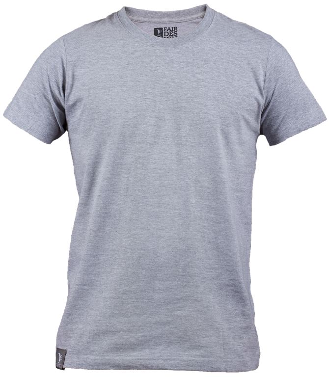 a grey t - shirt with a black logo on the chest