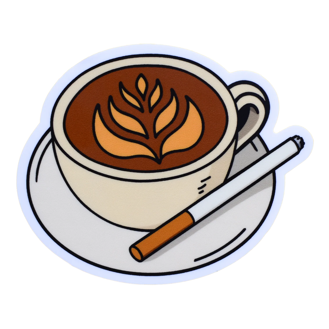 a cup of coffee with a cinnamon sticker
