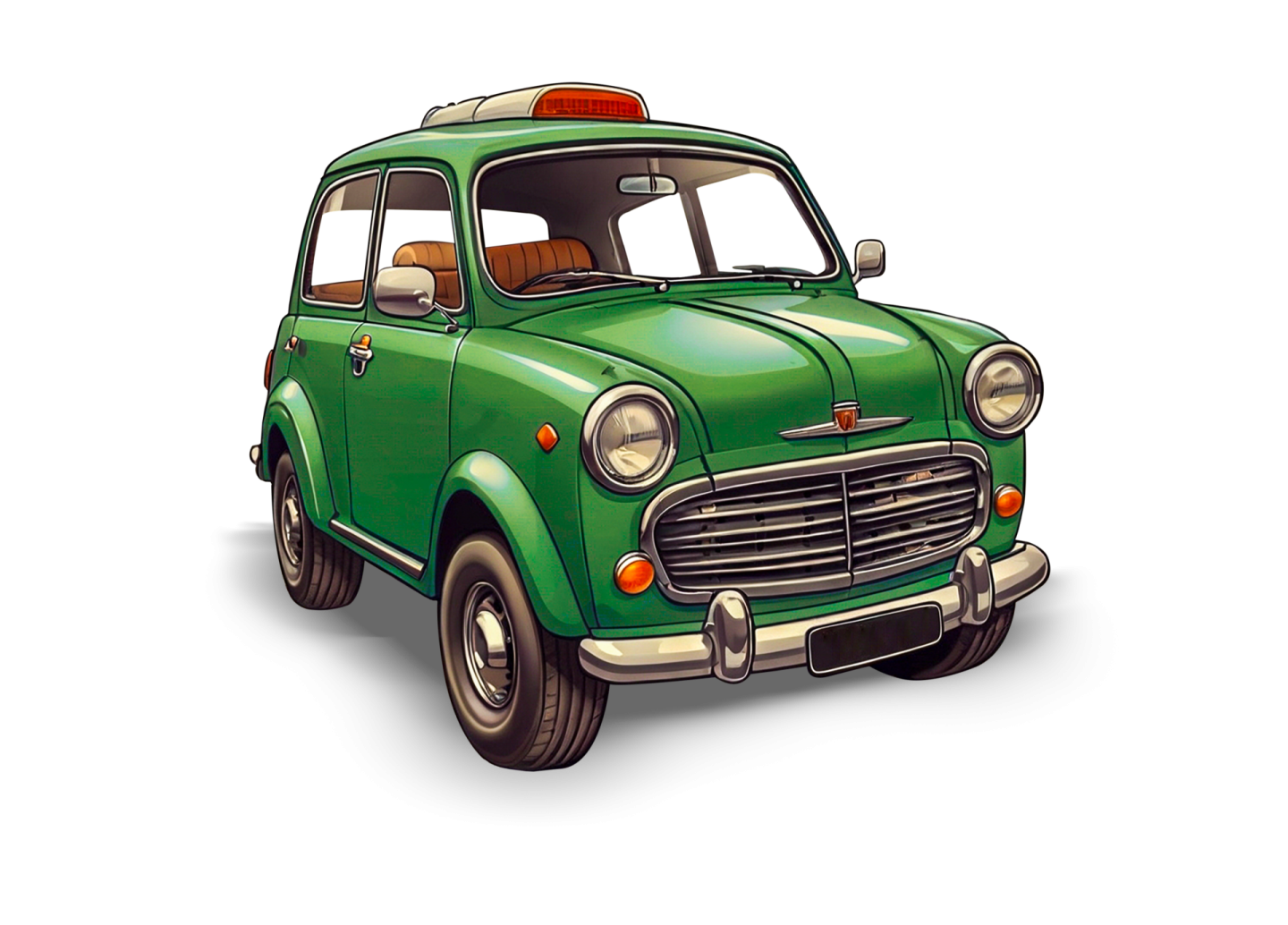 an old green car with a red light on top