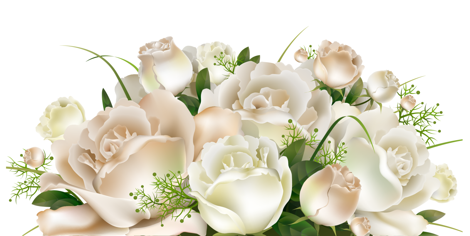 a bouquet of white flowers with green leaves