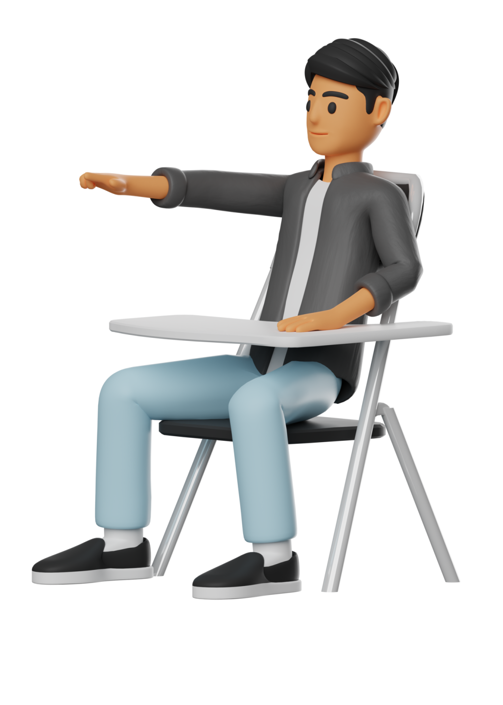 a man sitting in a chair pointing at something