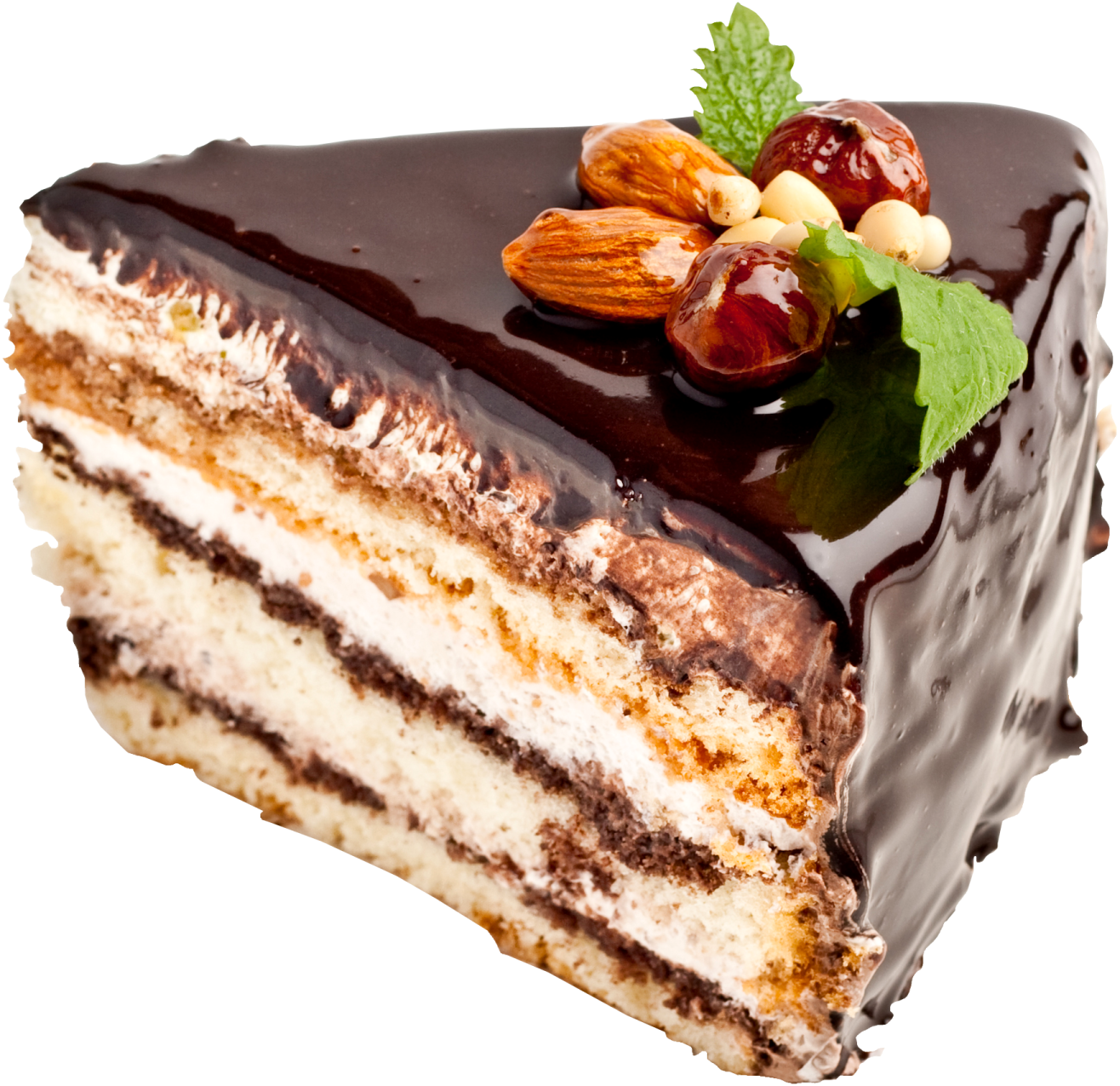 a piece of cake with chocolate and nuts