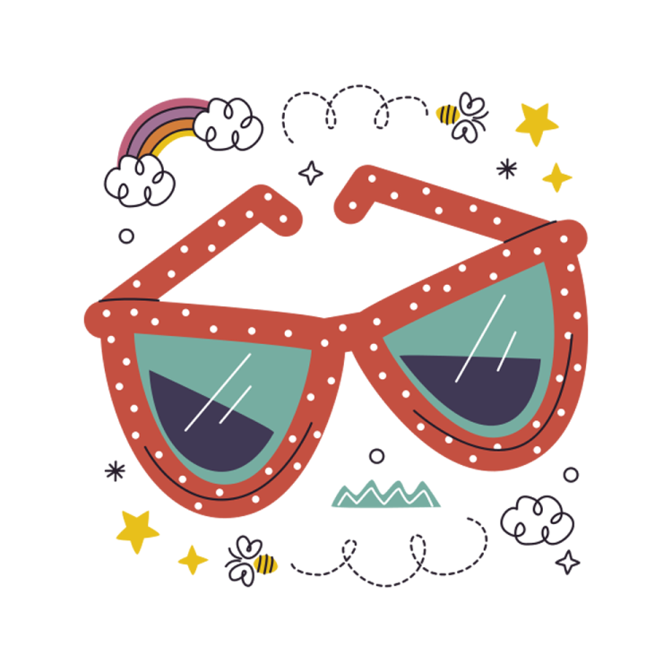 a pair of sunglasses with a rainbow in the background