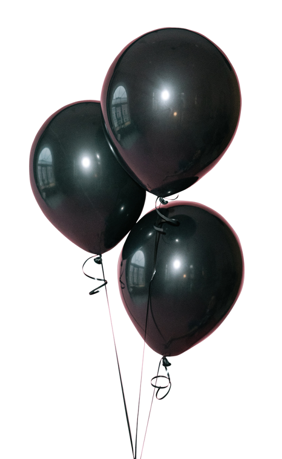 a bunch of black balloons