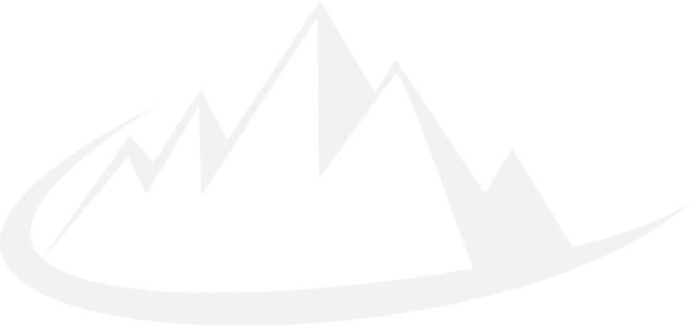 a white logo with mountains in the background