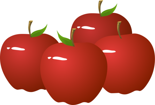 three red apples with green leaves
