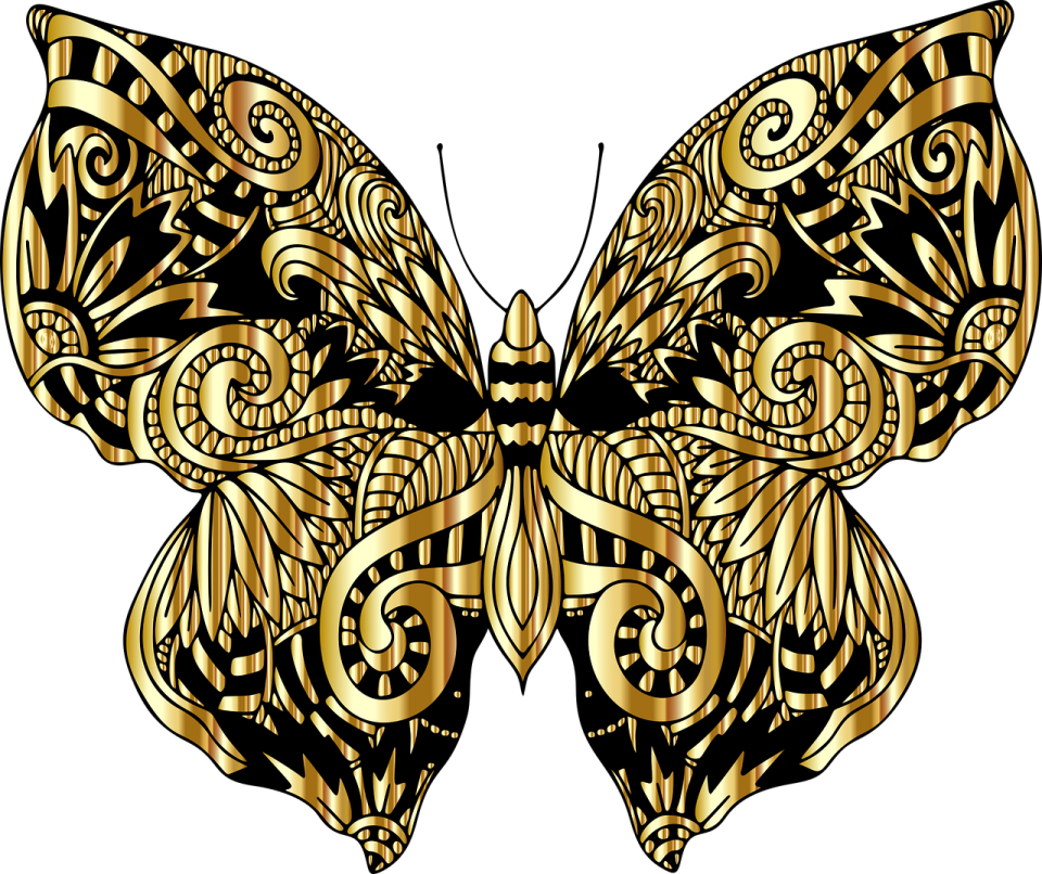 a gold butterfly with intricate patterns