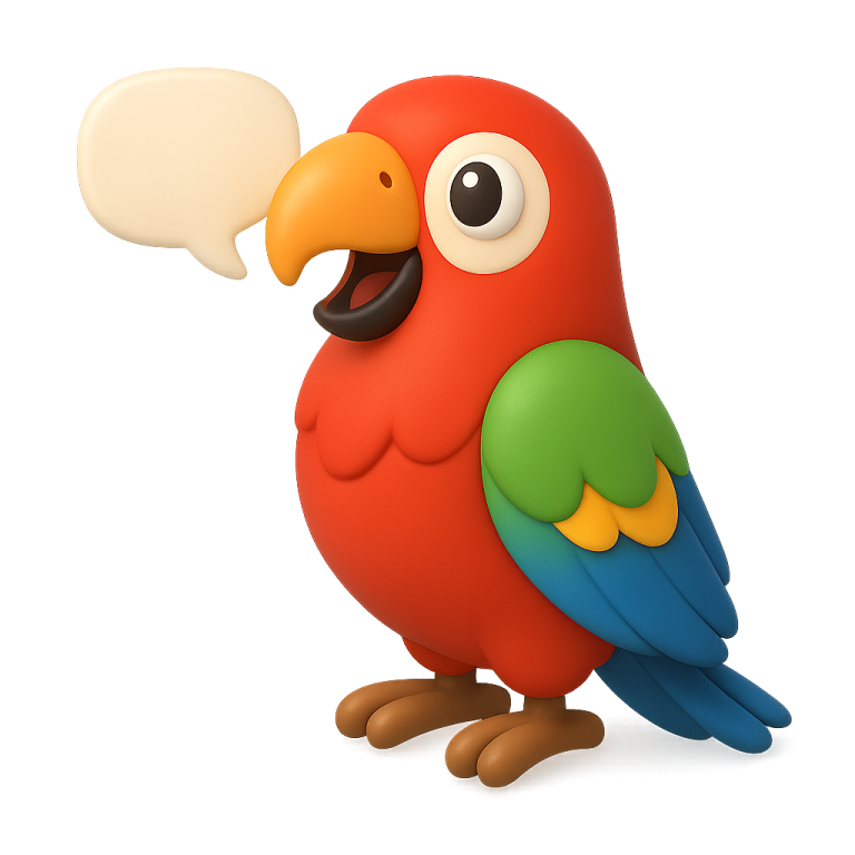 a red parrot with a speech bubble in its mouth