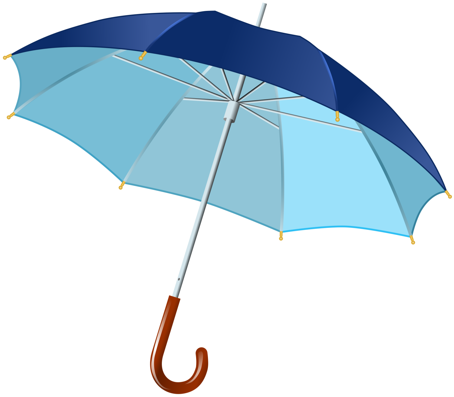 a blue umbrella with a wooden handle