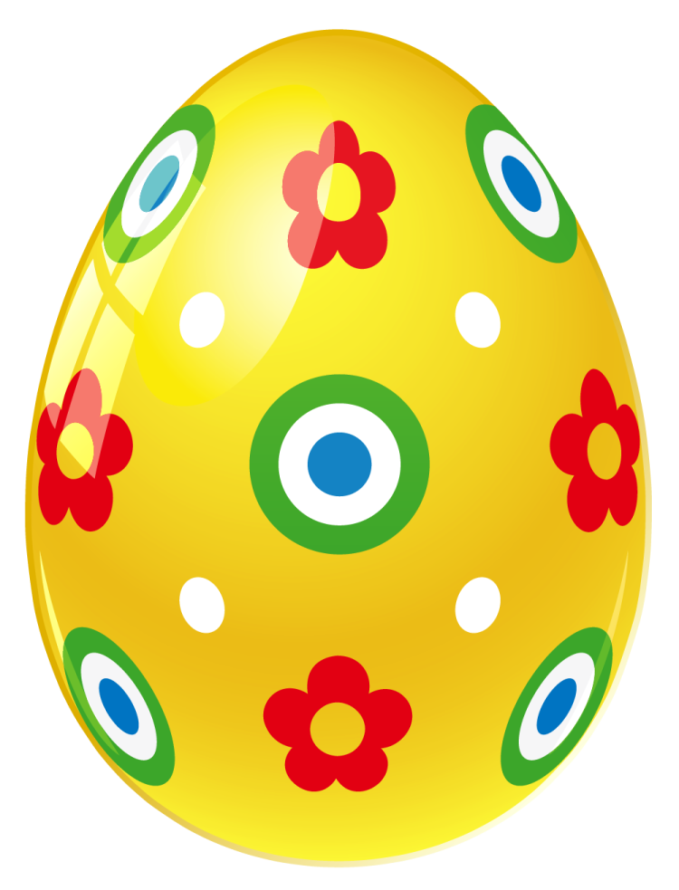 a yellow easter egg with red, green and blue flowers