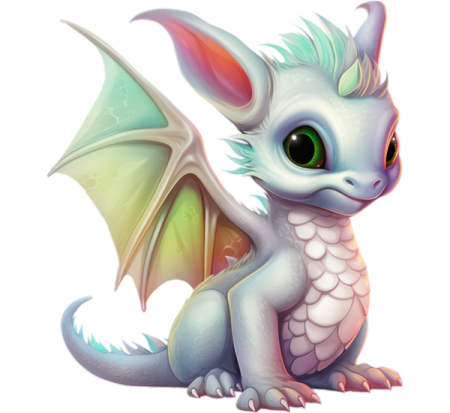 a white dragon with green eyes sitting on the ground