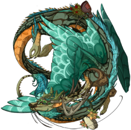 a drawing of a dragon with green and orange colors
