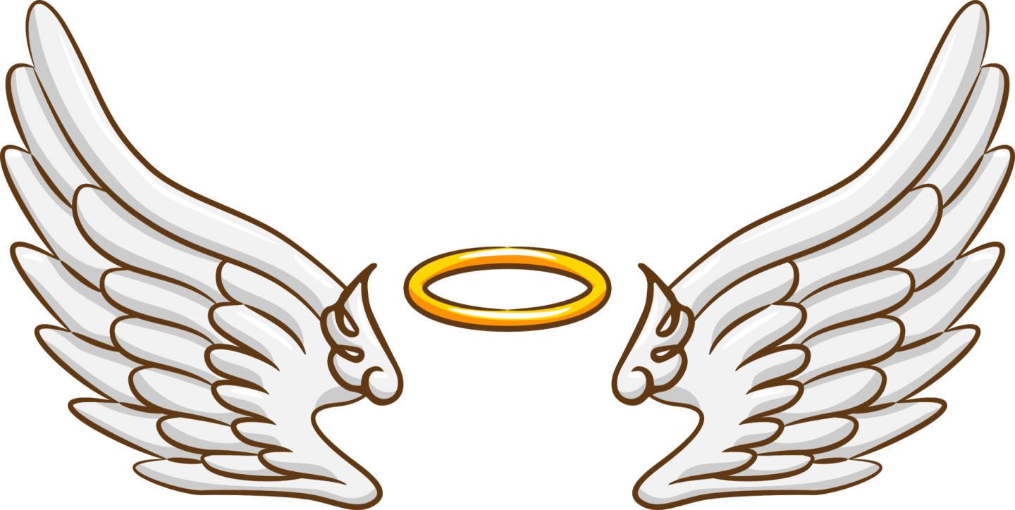 two white angel wings with a gold ring