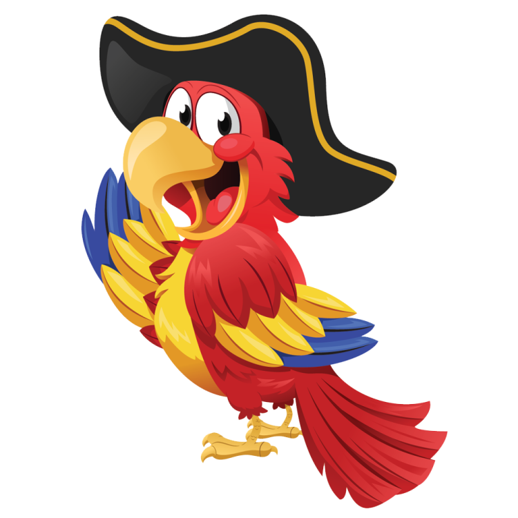 a red and yellow parrot in a pirate hat