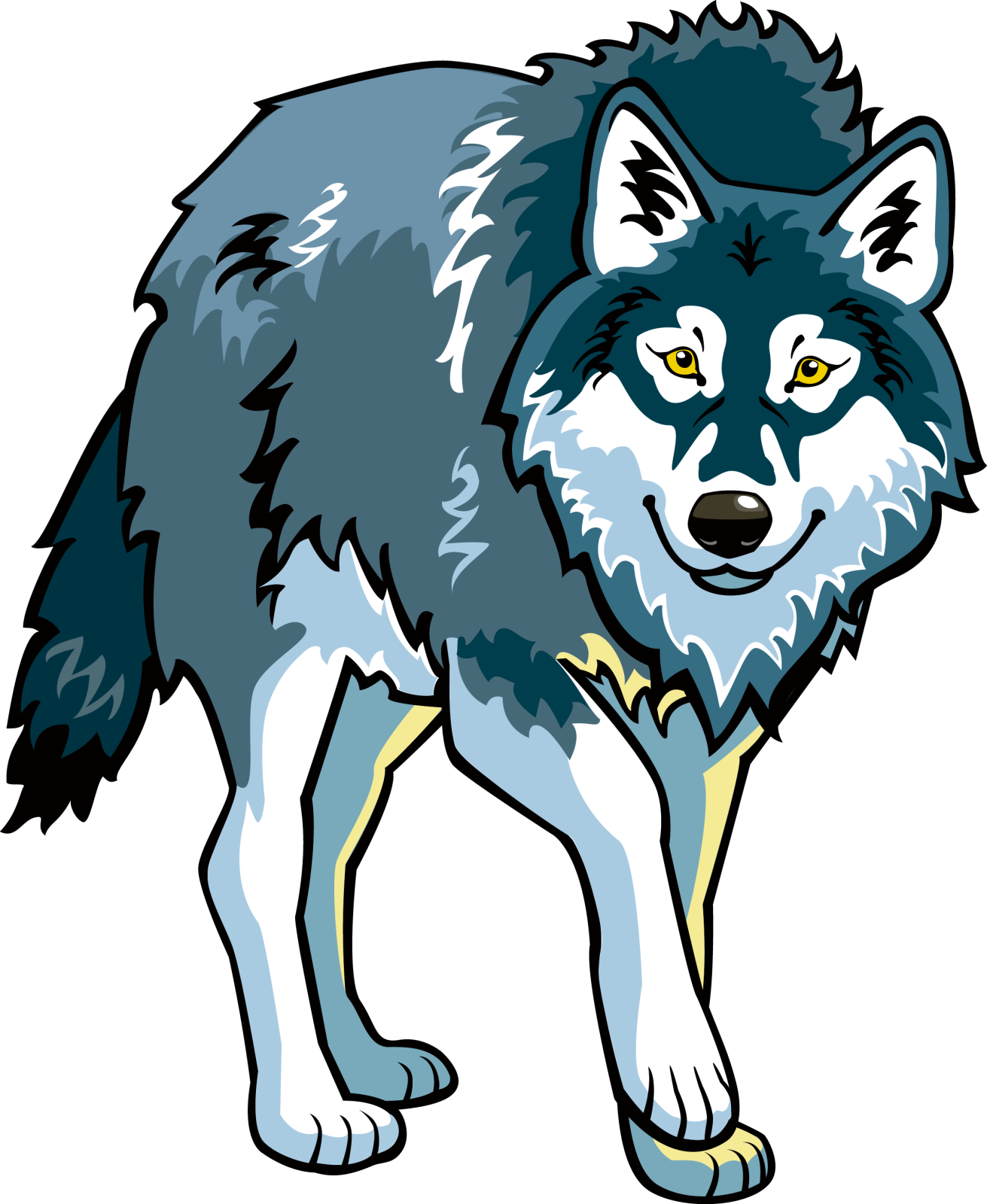 a cartoon wolf with yellow eyes