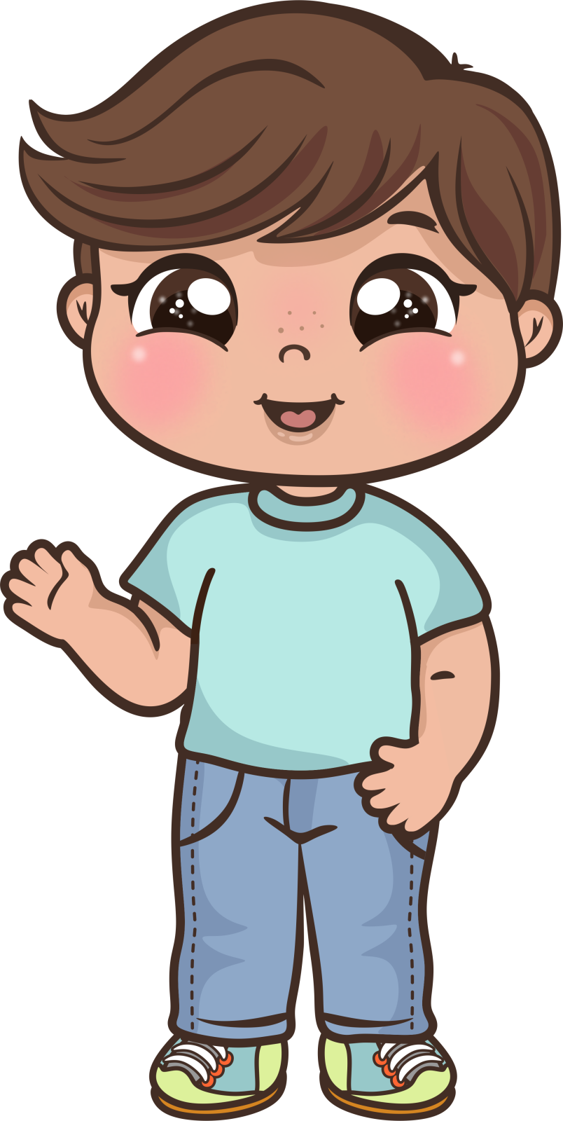 a little boy with brown hair and blue jeans