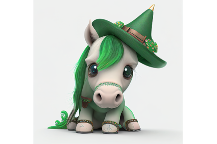 a cartoon unicorn with green hair and a hat