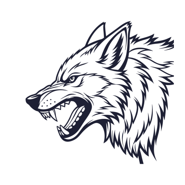 a black and white wolf head with open mouth