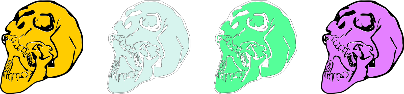 a set of four different colored skulls
