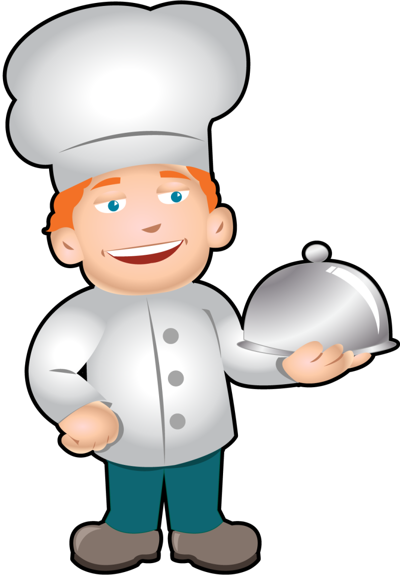 a cartoon chef holding a tray of food