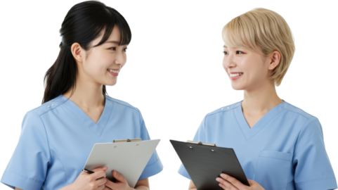 two women wearing scrubs and holding clipboards