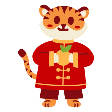 a cartoon tiger wearing a red coat and holding an apple
