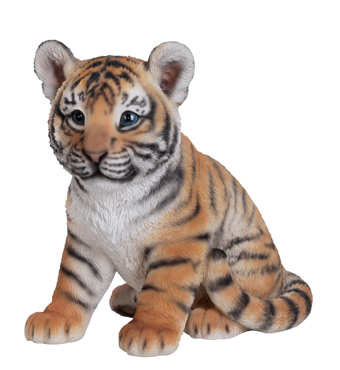 a stuffed tiger cub sitting on a white background
