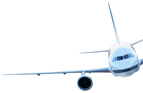 an airplane flying in the sky with a white background