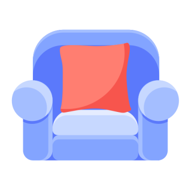 a blue chair with a red pillow