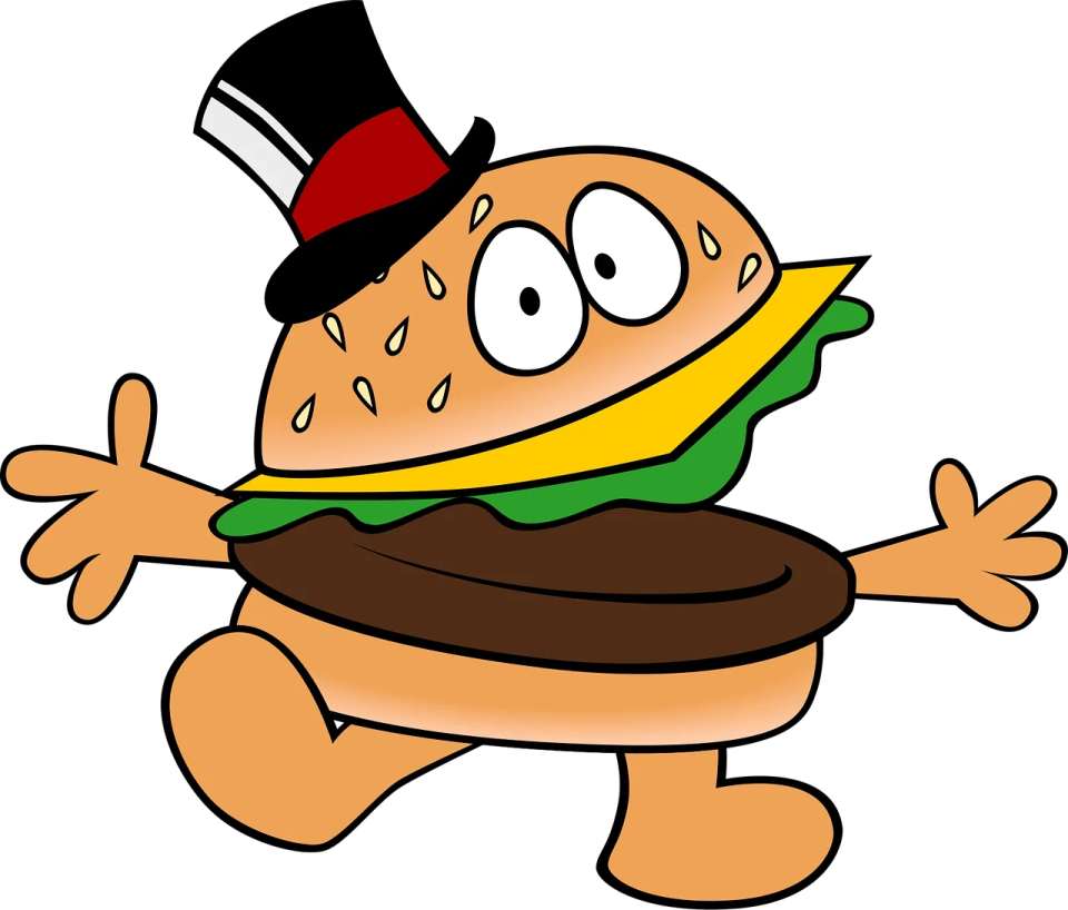a hamburger with a top hat and green shirt