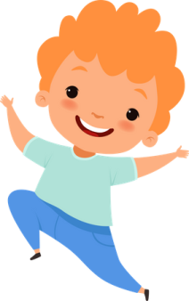 a little boy with orange hair and blue pants