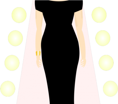 a woman in a black dress with yellow petals around her