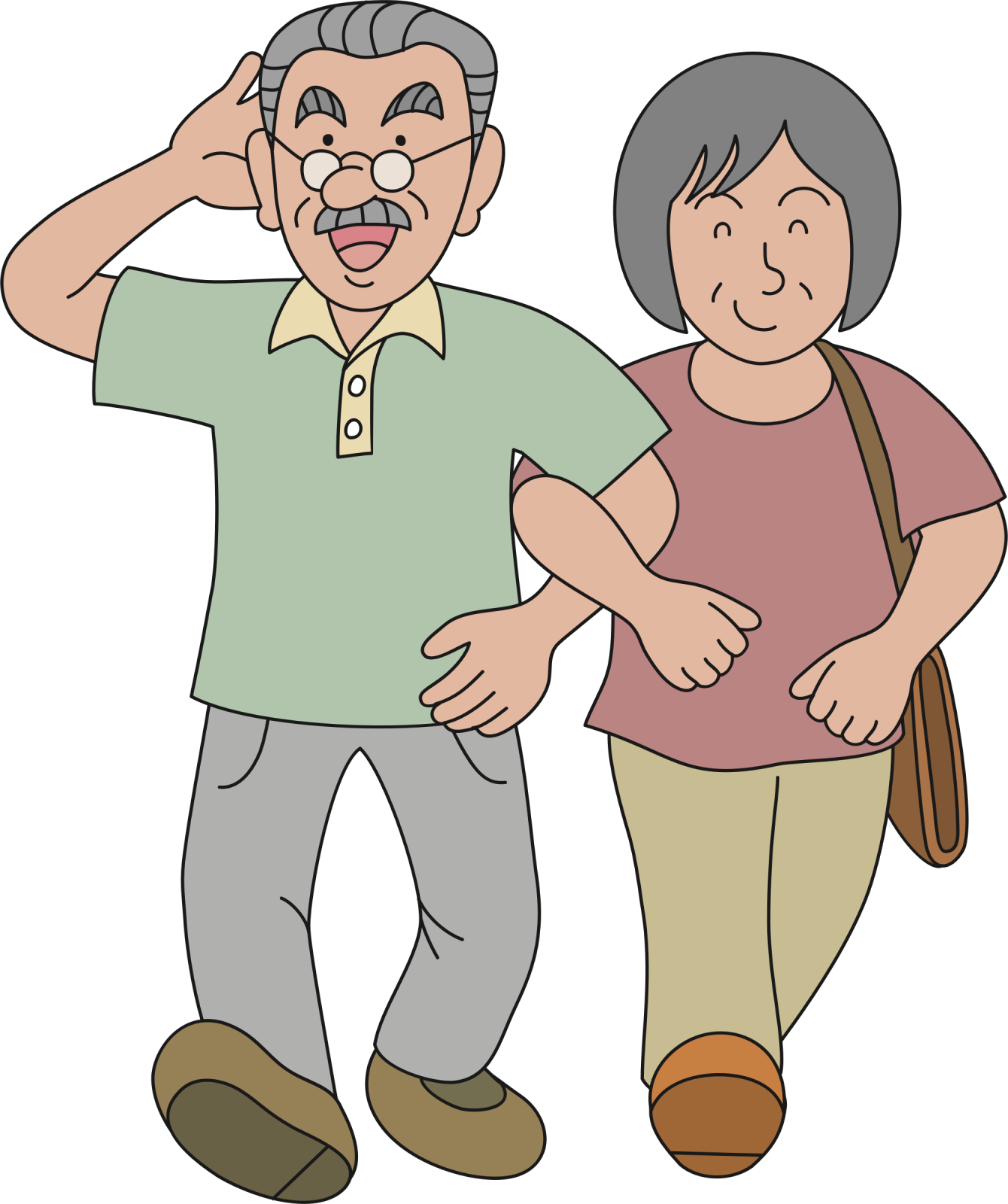 an old man and woman walking together