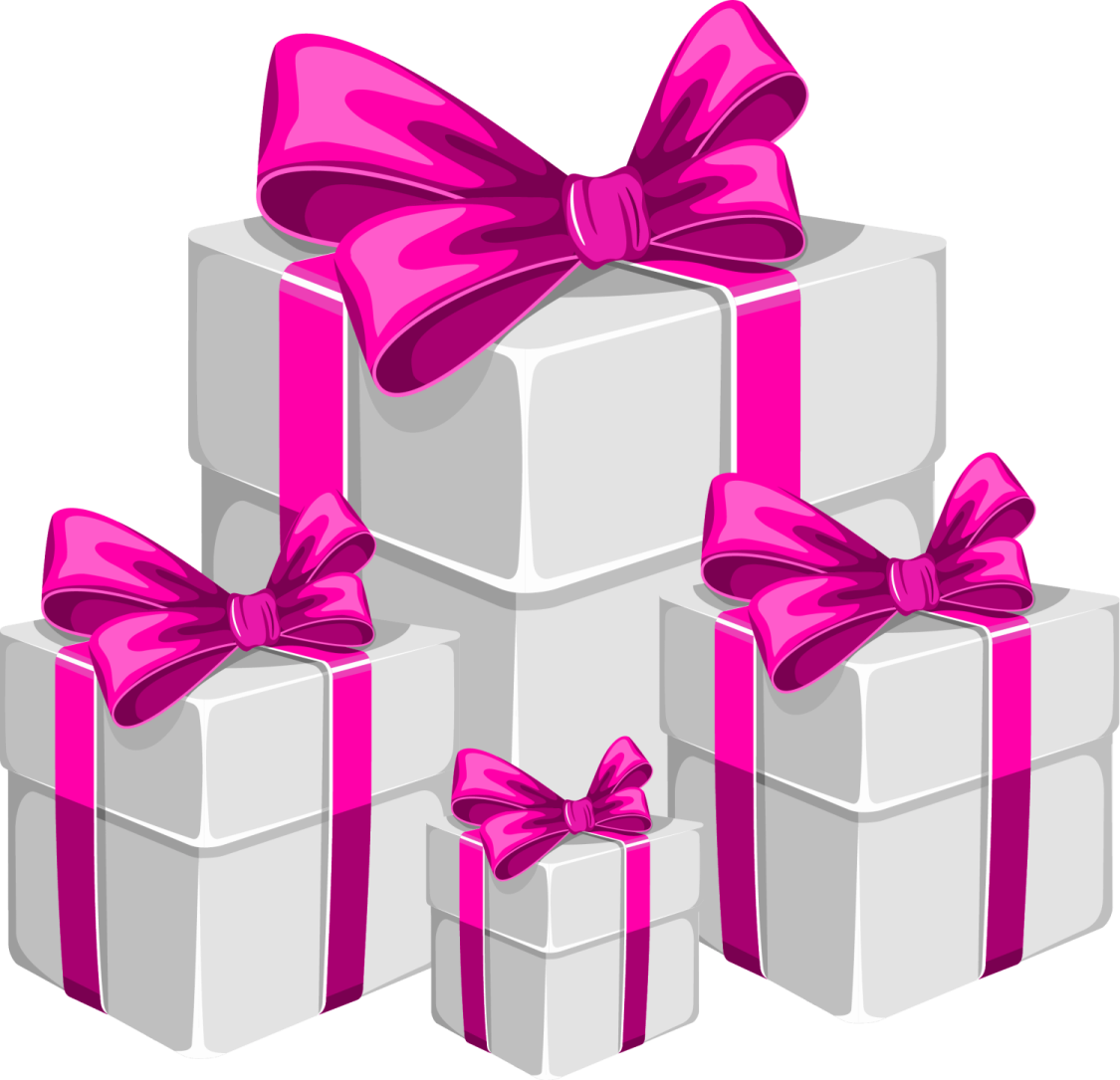 a pile of white gift boxes with pink bows