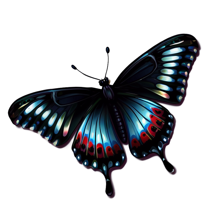 a black and blue butterfly with red spots on its wings