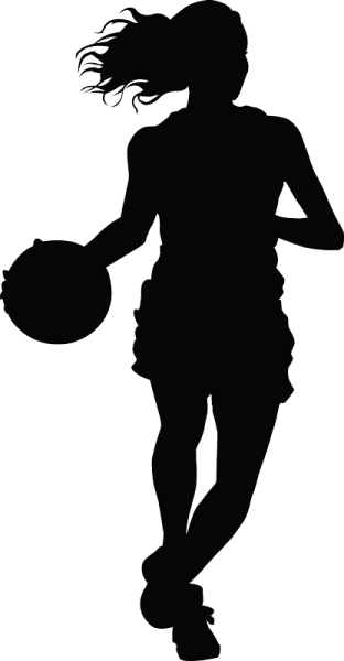 a silhouette of a woman holding a basketball ball