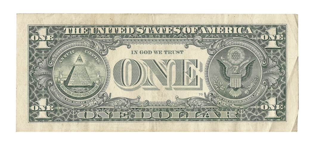 a one dollar bill on a white background