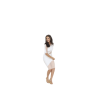 a woman standing in front of a white background