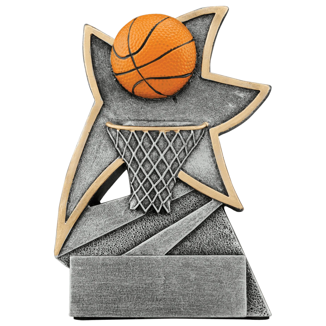 a basketball trophy with an orange ball on top