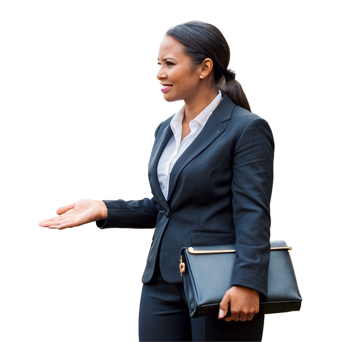 a woman in a business suit holding a briefcase