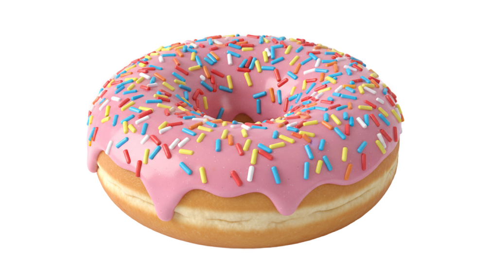 a donut with pink frosting and sprinng